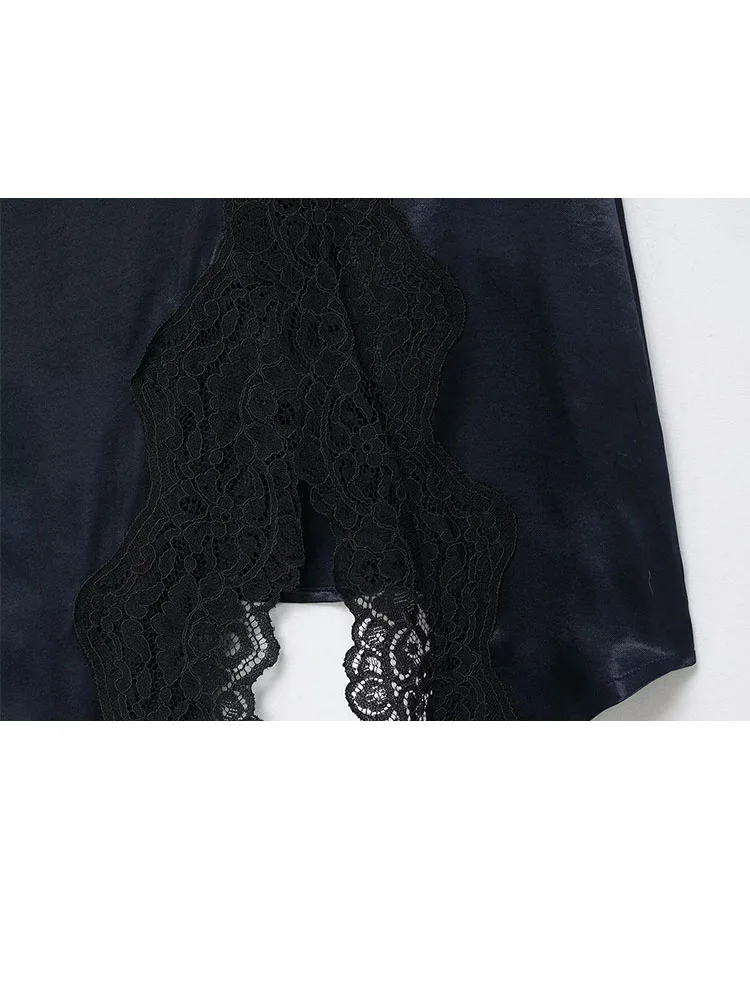 HH Women 2026 Fashion Versatile Personalized Splicing Lace Silk Satin Texture Skirt Female High Waist Sexy Asymmetric Hem Skirt