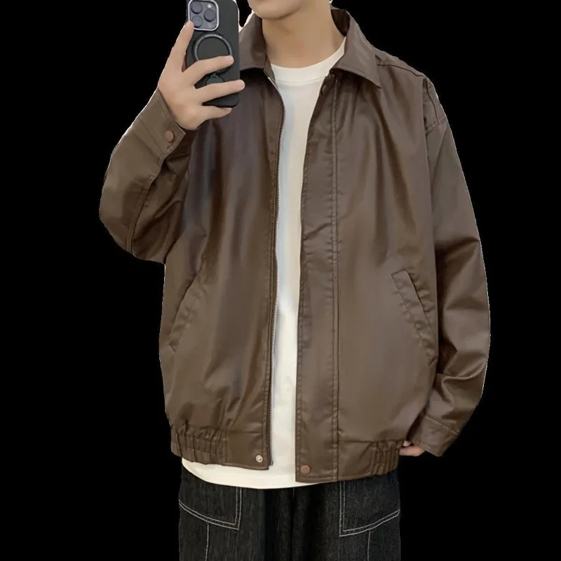 

Men's Vintage PU Leather Jacket Spring Autumn Trendy Motorcycle Suit Loose Fit Brown Leather Coat with Modern Design​