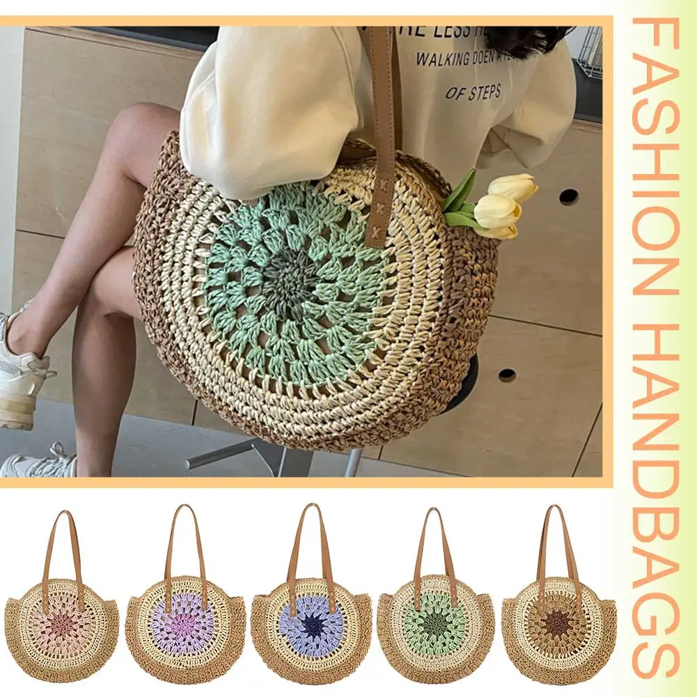 Round Casual Tote Bag with Zipper Closure Vacation Bag Trendy Large Woven Beach Bag Holiday Travel Handbag for Women and Girls