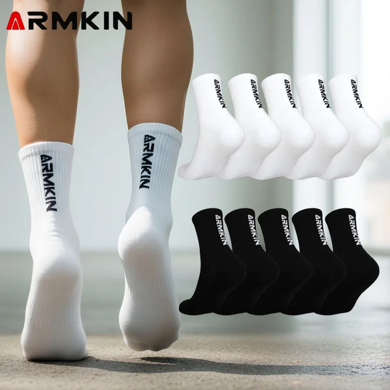 

ARMKIN, 5 пар мужских носков белого/черного цвета, женские спортивные носки высокого качества, хлопковые уличные носки, носки для бега до середины икры, размер 37-44
