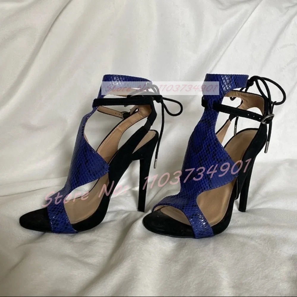

Blue Sexy Rhombus Upper Open Toe Sandals Female Ankle Strap Lace Up Thin High Heels Shoes Ladies Fashion Party Elegant Sandals