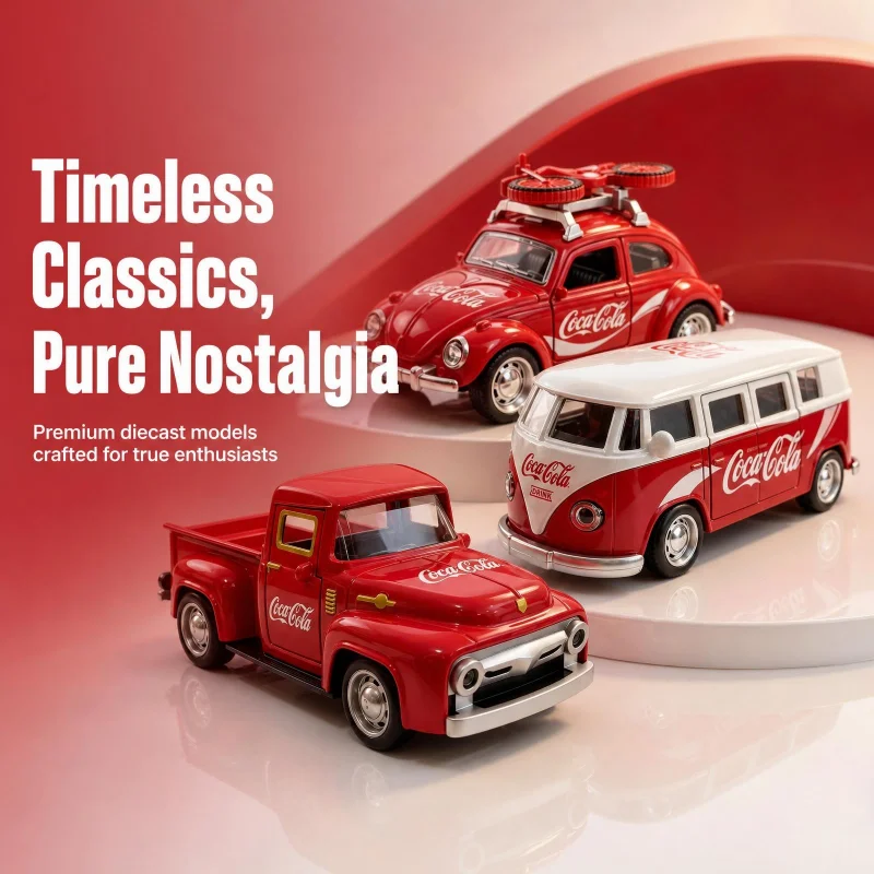 1:36 Scale Retro Red Diecast Car Model Set, Beetle, Pickup & Bus 3 Styles, Openable Doors, Pull Back, Desktop Collectible Orname