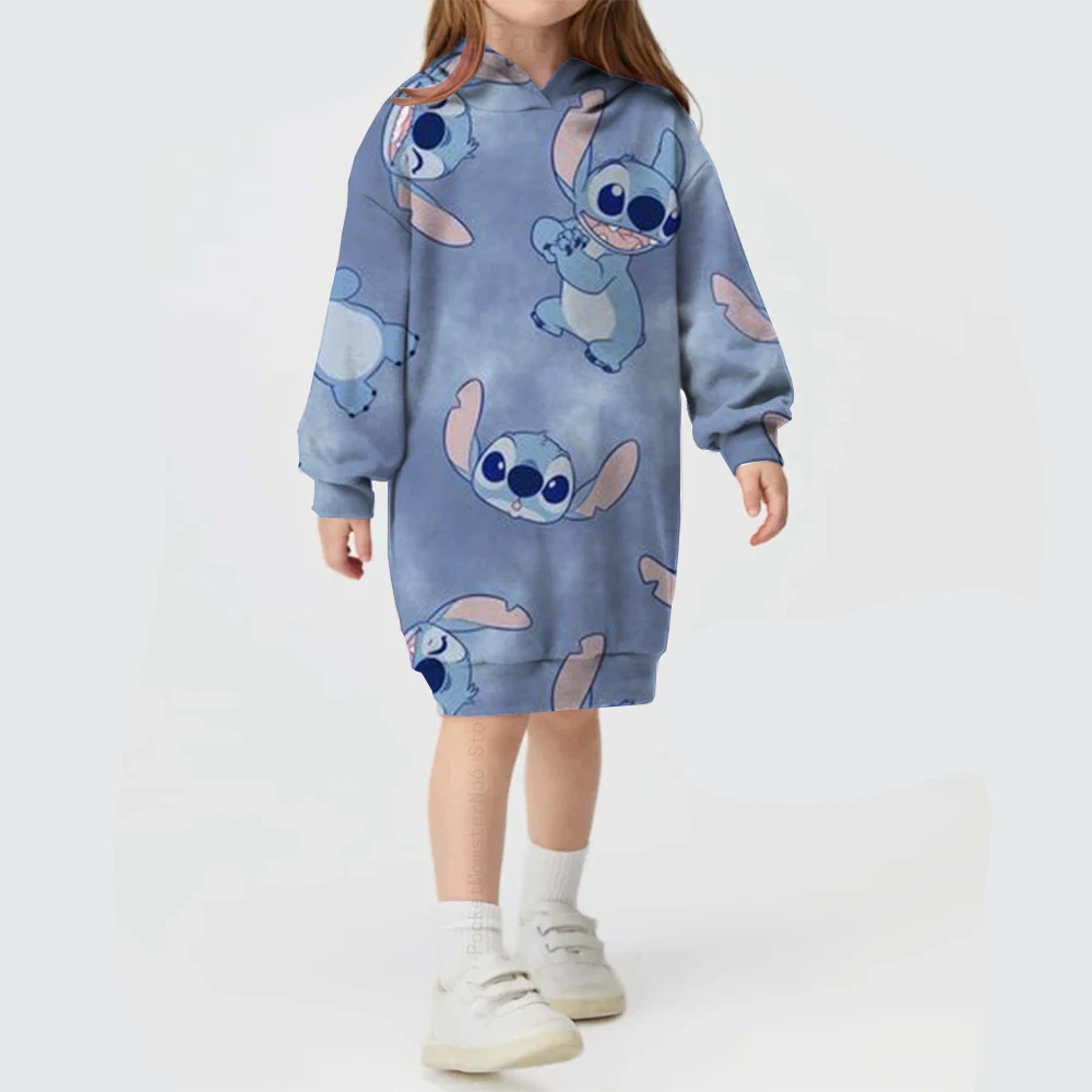 Meninas disney stitch confortável doce vestido com capuz impressão de natal outono e inverno vestido de princesa com capuz roupas da moda