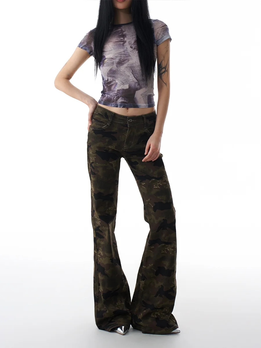 

Американские ретро камуфляжные джинсы-колокольчики, женские пряные утягивающие леггинсы с низкой талией, длинные брюки, осенний сезон