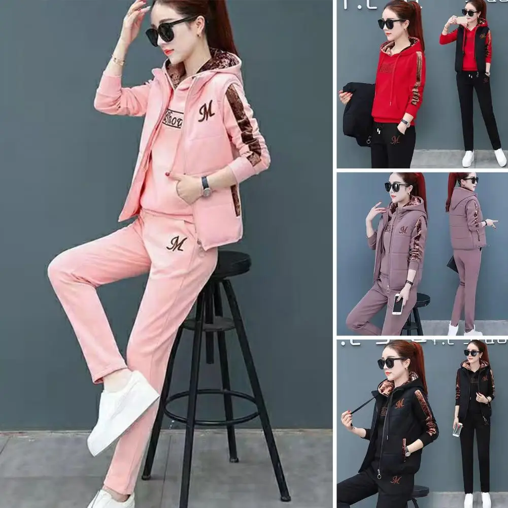 

Ladies Winter Tracksuit Women's 3-piece Letter Embroidery Hooded Waistcoat Set with Elastic Cuff Pants Drawstring Casual Soft