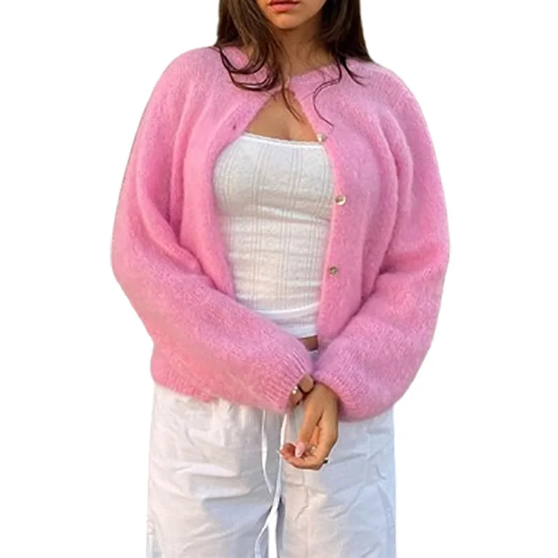 Temperament Pink Knitted Sweater Cardigan Women Autumn Versatile Button Loose Long Sleeve Coat Fashionable Sweet Girl Plush Coat