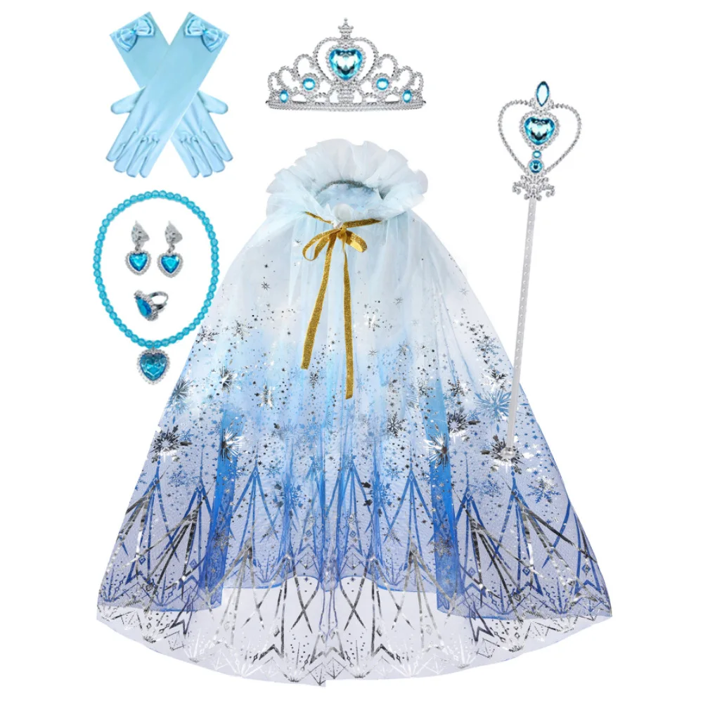 

Baby Princess Sequins Cloak Halloween Carnival Girl Crown Wand Necklace Earrings Rings Gloves Set Accessories Performance Props