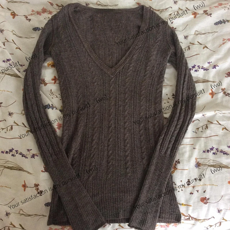 

Ретро Y2K гранж джемперы трикотажная футболка винтажный коричневый вязаный свитер футболки милые шикарные женские пуловеры с v-образным вырезом и длинными рукавами топы