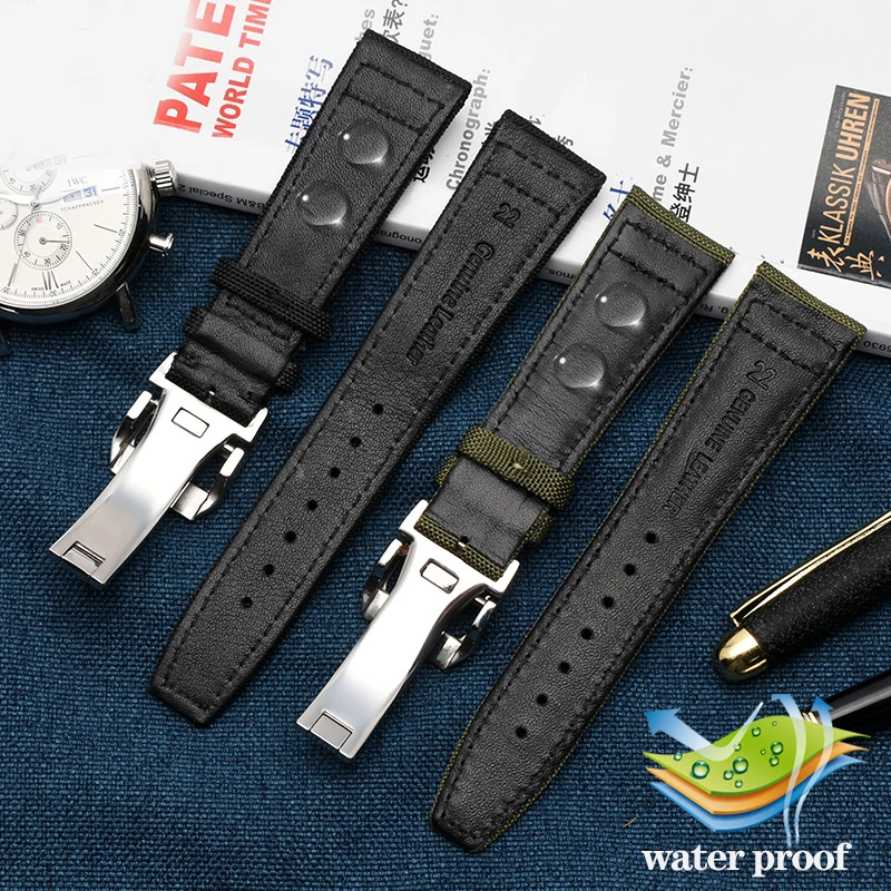 20mm 21mm 22mm Nylon + Leather Bottom Watchband For IWC Pilot Seiko Citizen BM7140 Waterproof Canvas Bracelet Strap Green Black image 4