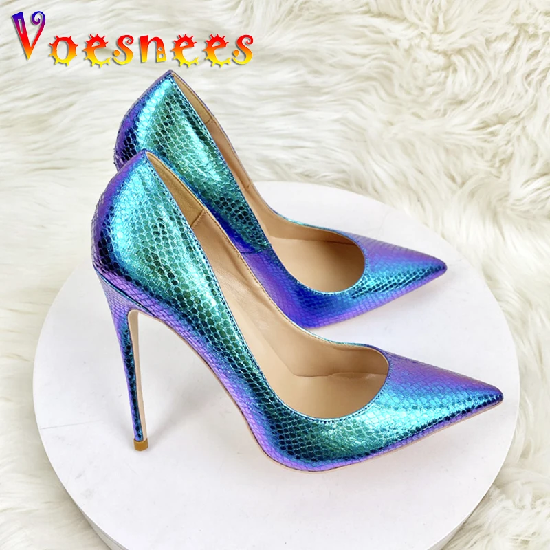 Evening Party Elegant Single Shoes 12CM Fashion Pointed Holographic High Heels Bling Snakeskin Unique Wedding Dress Pumps Women