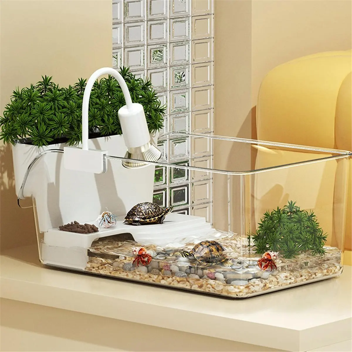 A67T NEW Transparent Turtle Terrarium Turtle Tank Decorative Small Crab Feeding Basking Habitat for Tortoise Terrapin