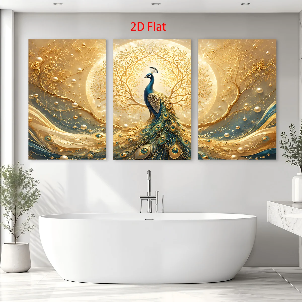 Frameless 2D Flat 3PCS- Three panels with golden trees moon and a peacock in the center Themed Canvas Wall Art, Waterproof Ca