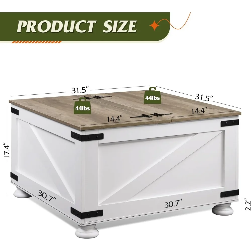 Mesa de centro cuadrada grande con tapas abatibles y almacenamiento oculto para sala de estar, mesa central de madera 31,5