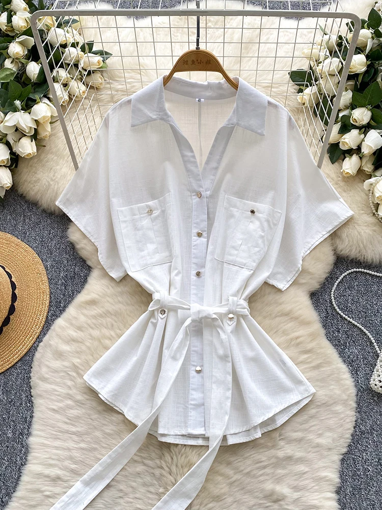 

Women's Summer Pocket Single Breasted Casual Top New Fashionable Straps Waist Cinching Versatile Short Sleeved Shirt C317