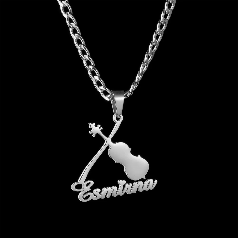 Diamon Mode Gepersonaliseerde Aangepaste Naam Ketting Rvs Instrument Viool Dikke Ketting Hanger Voor Vrouwen Sieraden Cadeau