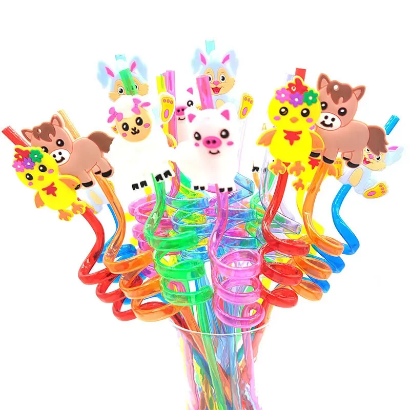 8pcs 26cm Reusable Farm Animal Straws Farm Cartoon Cow Theme Kids Birthday Party Decoration Plastic Spiral Drinking Straw