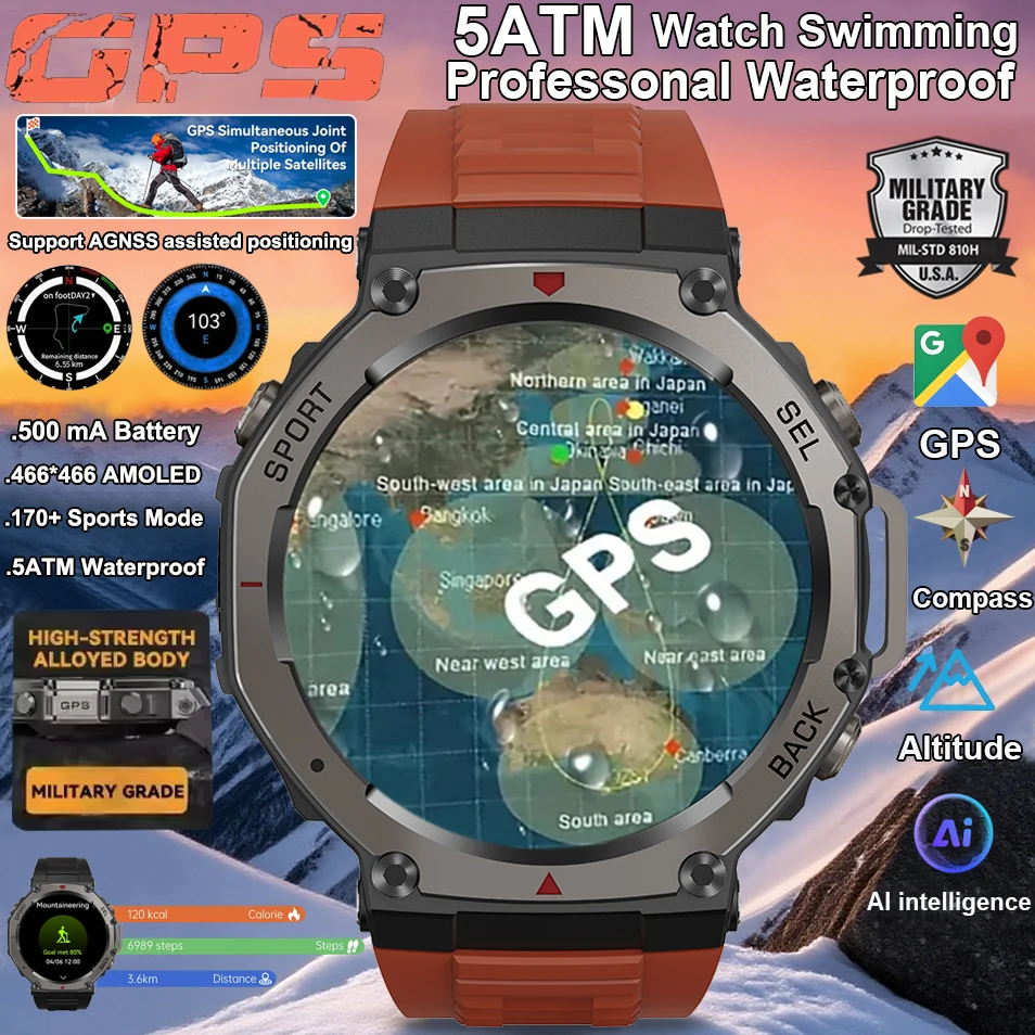 

Новинка 2023 года, военные Bluetooth-смарт-часы с вызовом, встроенный GPS-компас, барометрический высотомер, 10 АТМ, водонепроницаемые спортивные умные часы для мужчин