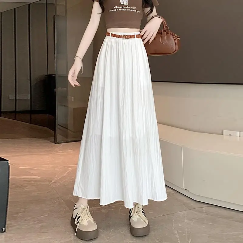 

2024 New Women's A-Line Skirts Summer Woman Elastic Waist Solid Color All-Match Long Skirt with Belt Faldas Mujer