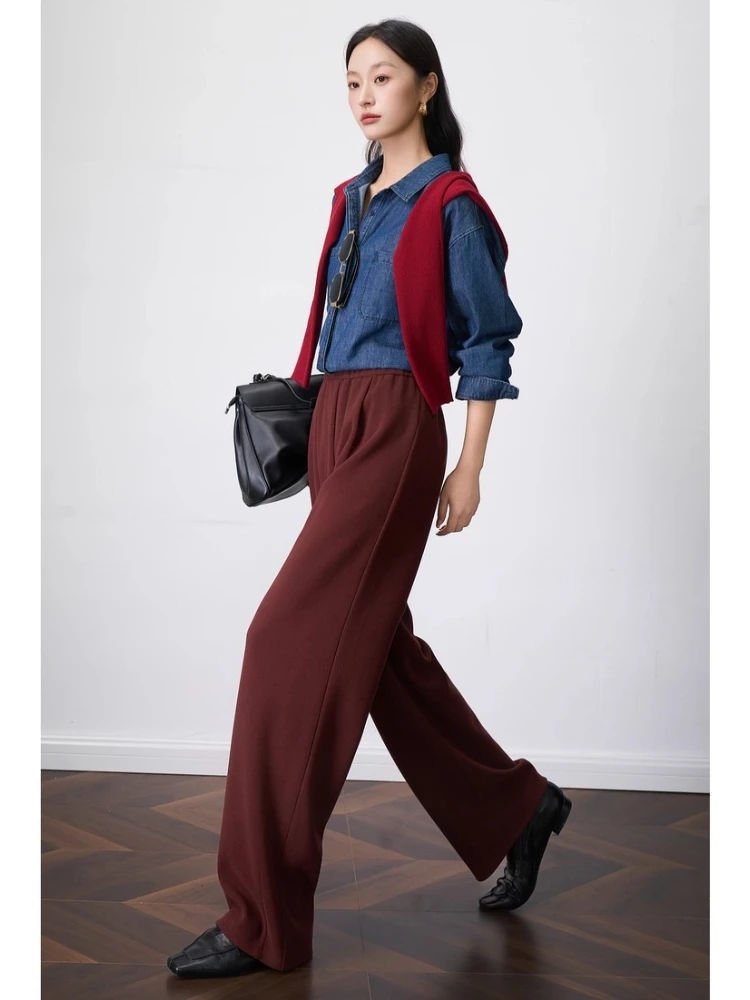 OLrain Vintage Straight Pants Women Autumn 2025 New Solid Knitted Pants Elastic Waist Loose Long Trousers Female O57QK001612