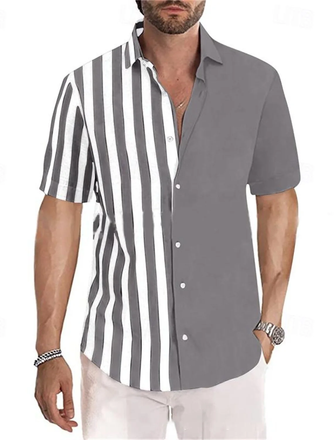 

New striped element 3D digital printing trendy loose long-sleeved shirt men's top comfortable fabric breathable