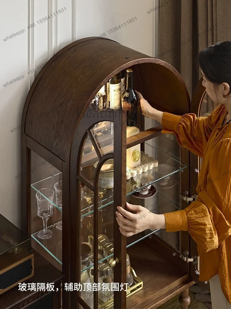 French retro figure cabinet solid wood arched display cabinet glass living room TV side cabinet