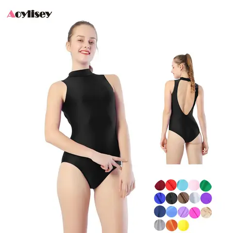 Aoylisey 딥 브이 백 하이 넥 탱크 발레 레오타드 여성 댄스웨어 백리스 민소매 체조 스판덱스 Bobysuit 요가 복장