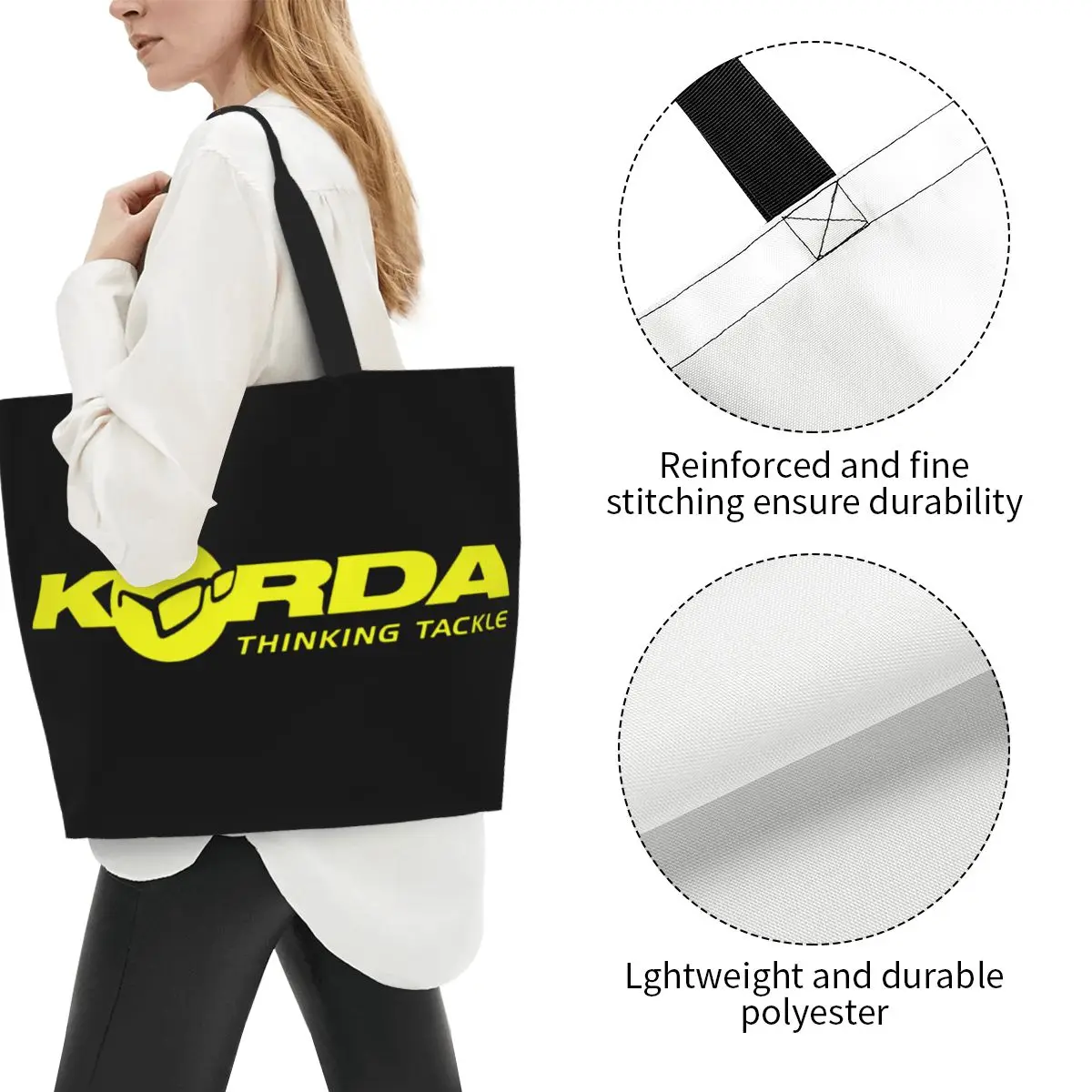 Bolsa de mano de compras divertida inspirada en Korda, bolso de compras de pesca reutilizable, regalo de carpa de pescado, comestibles de lona, bolso de compras de hombro