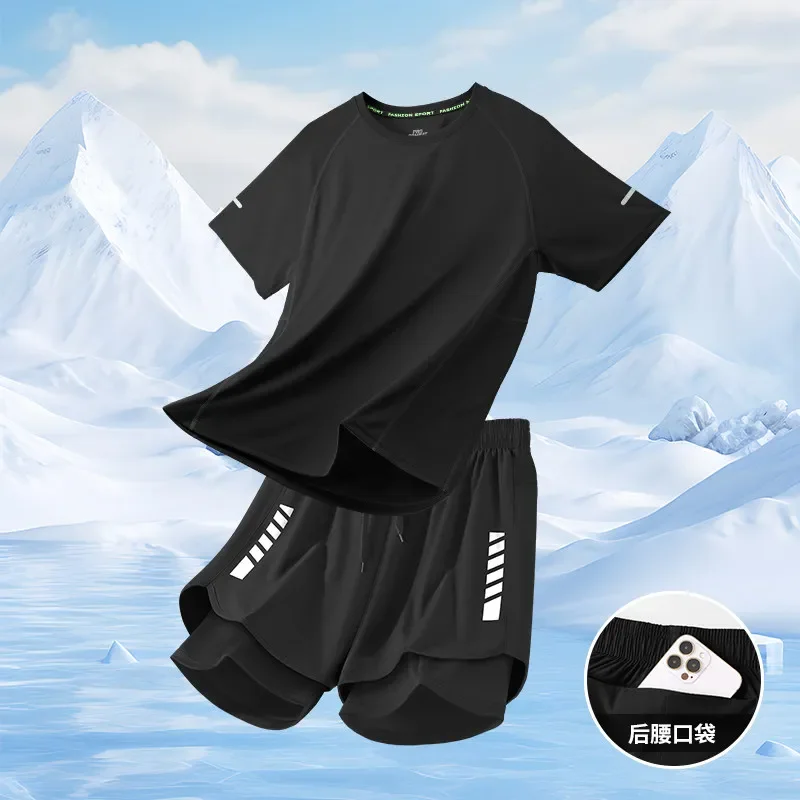 

Sportswear Men's Summer Ice Silk Quick-Dry Running Suit Short Sleeve New Style Professional Fitness Sports Training Shorts