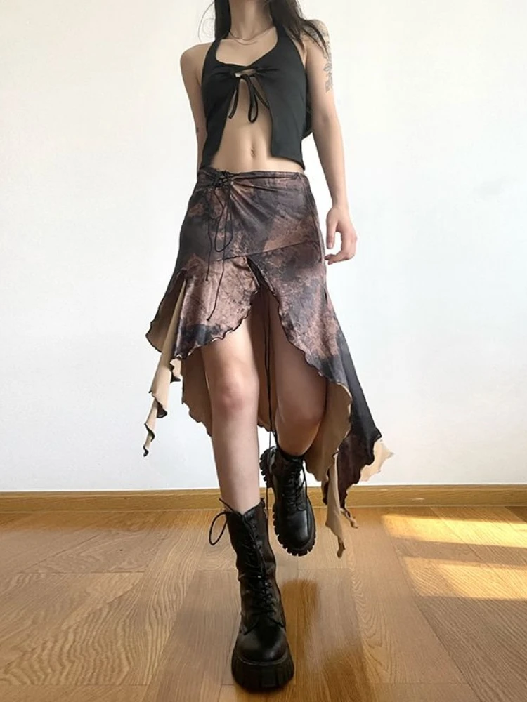 Women Sexy Streetwear Vacation Skirts American Retro Harajuku Irregular Ruffled Design Bandage Skirt Vintage Party Summer Dress