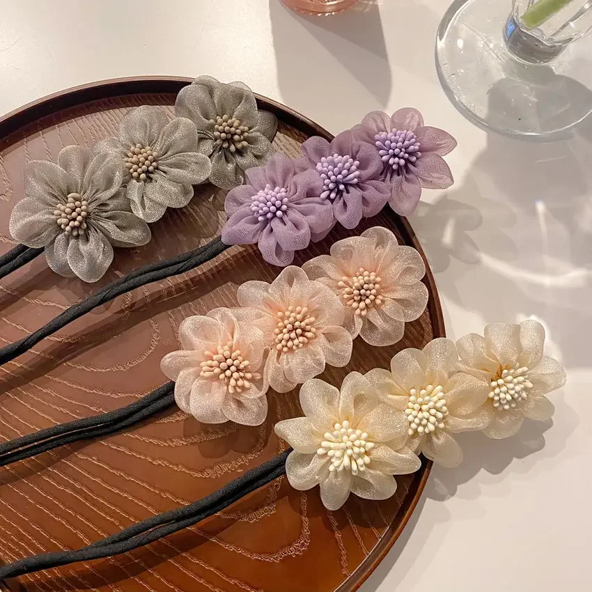 Korean Women Elegant Bud Chiffon Flower Bun Maker Maruko Hairstyle Making Long Tool Sweet Hair Braide Rope Hairbands Accessories