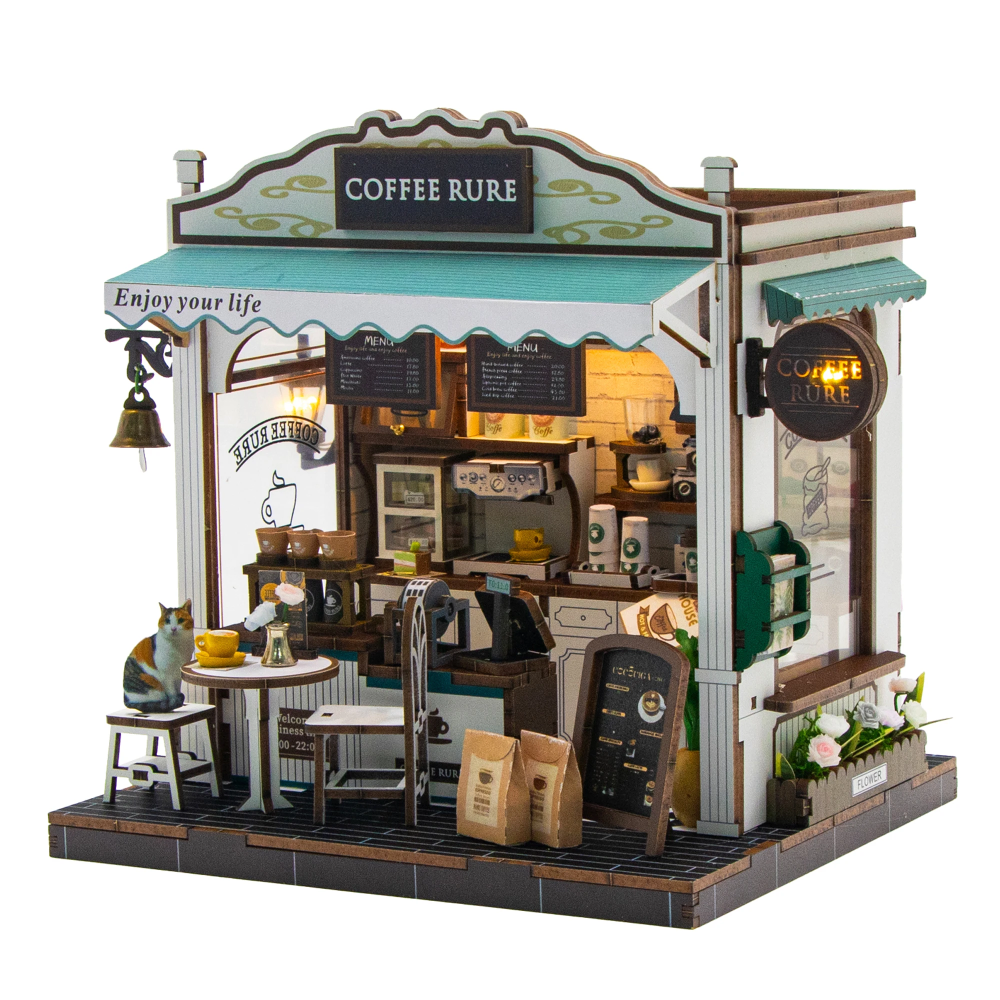 لتقوم بها بنفسك خشبية مصغرة أطقم منمذجة مقهى كازا ثلاثية الأبعاد لغز بيوت الدمى مع الأثاث أضواء LED لهدايا عيد ميلاد الأصدقاء #1