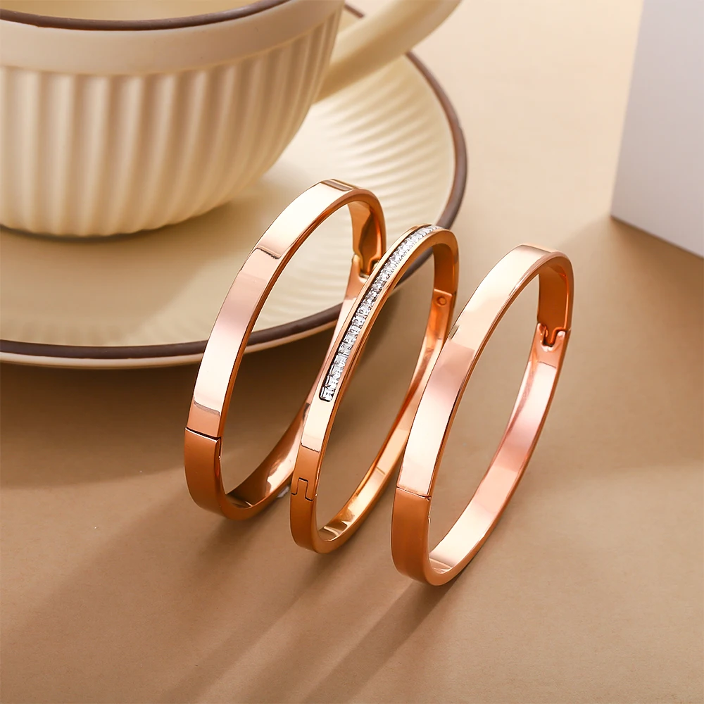 

Stainless Steel Classic Rose Gold Color Zircon Women's Cuff Bracelet Bangle Set,Waterproof Jewelry