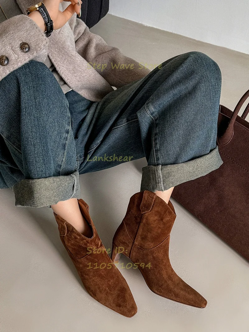 Brown Black Suede Ankle Booties Middle High Heel Small Square Toe Runway 2026 Winter Autumn Women Dress Shoes Solid Handmade