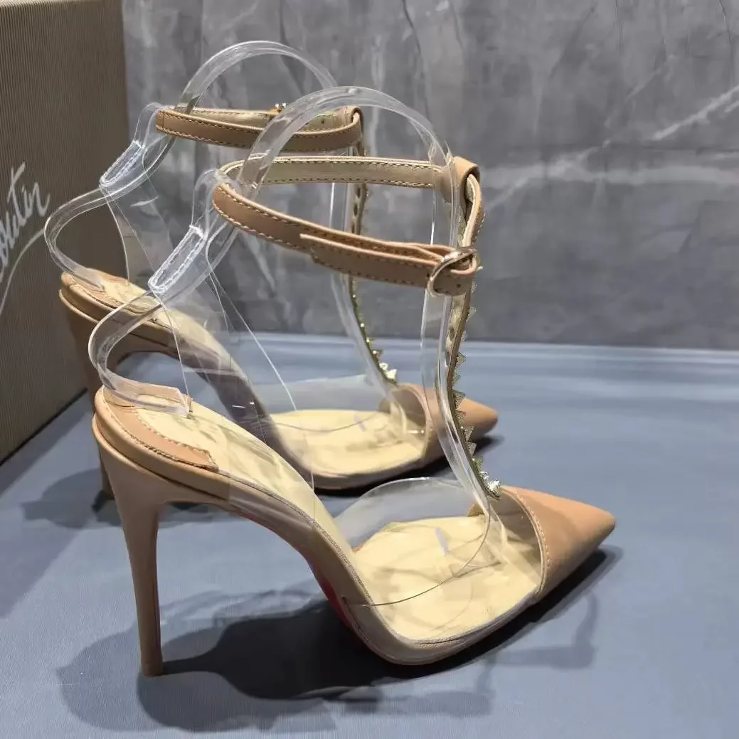Rivet Studded Women Stiletto Heel Pumps Sandal Pointed Toe Ankle Strap Transparent PVC Red Sole Nude Sexy Luxury Fashion Shoes view 6