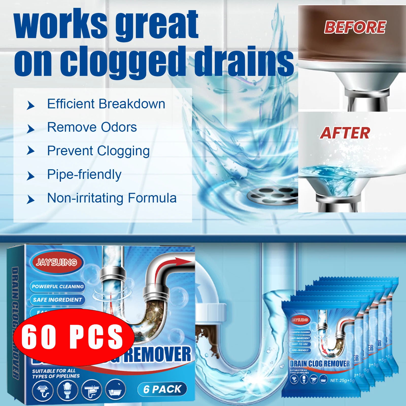 

60pcs Drain Clog Remover Cleaner Household Kitchen Toilet Sink Sewer Dredging Dredge Cleaner Powder Pipe Dredging Foam Agent