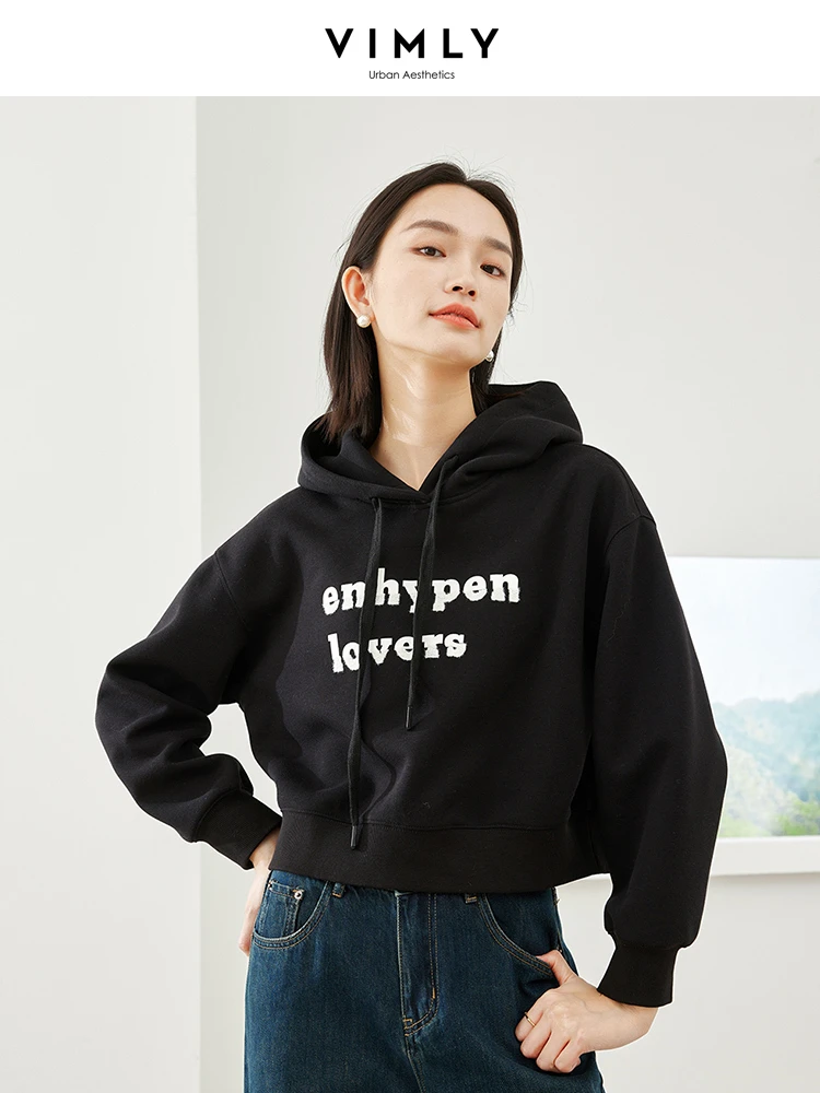 Vimly Autumn Black Hoodie Cropped Hooded Sweatshirts 2023 Fall Letter Printed Casual Loose Pullover Long Sleeve Top Female M5225