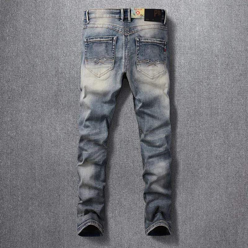 Fashion Vintage Men Jeans High Quality Retro Washed Blue Stretch Slim Fit Ripped Jeans Men Embroidery Designer Denim Pants Homme