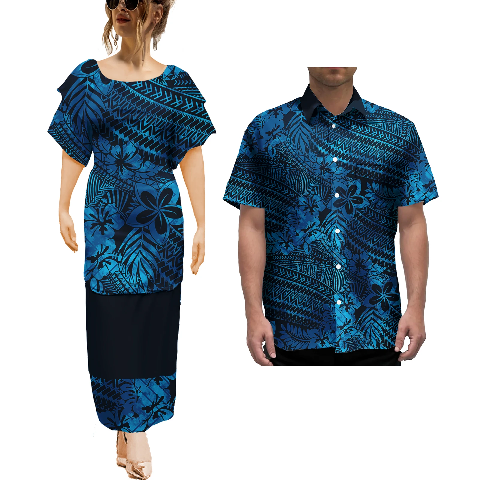 Polynesian Tribal Printed Couple Clothes Matching Mens Shirts Aloha Couple Two Piece Sets 2Pcs