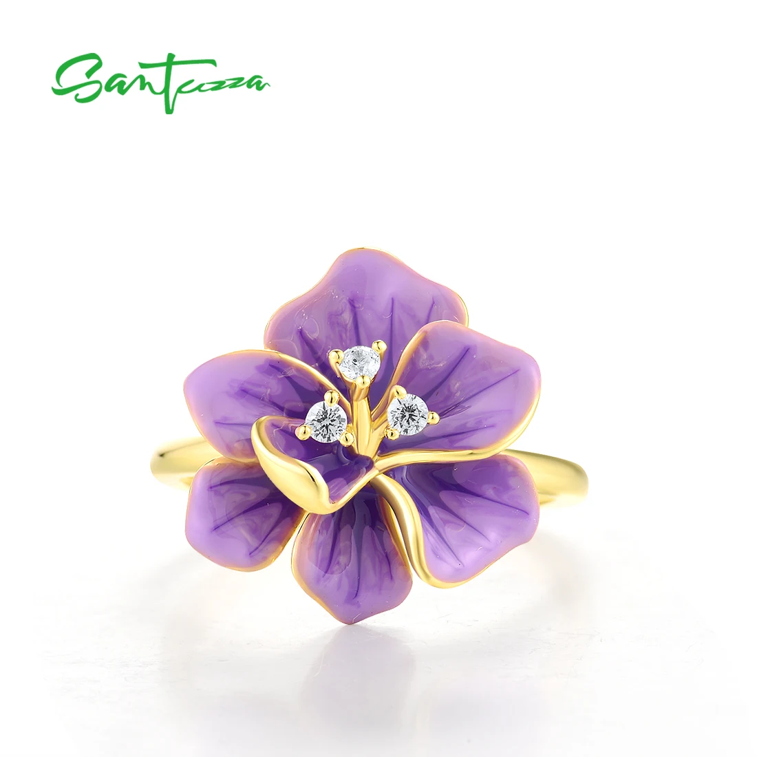 SANTUZZA Geniune 925 Sterling Silver Rings For Women Sparkling White CZ Purple Lovely Enamel Flower Elegant Wedding Fine Jewelry