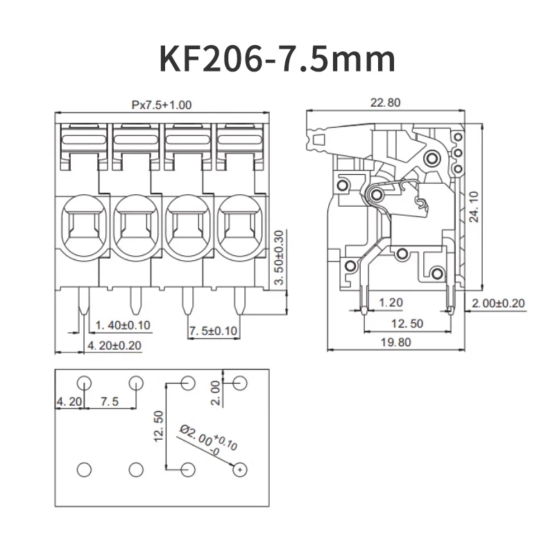 (1 adet) KF206-7.5mm yaylı PCB terminal bloğu basın tipi gri ve beyaz 2P 3P 4P 5P 6P 7P 8P 9P 10P 12P Pitch 7.5mm