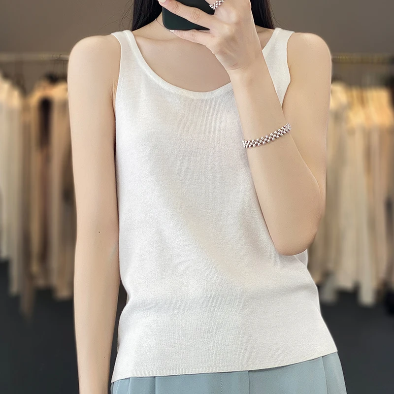 2023 Summer New Worsted Wool Suspender Vest For Women With A High-End Round Neck Sleeveless foreign Style Knit Bottom, Thin Styl