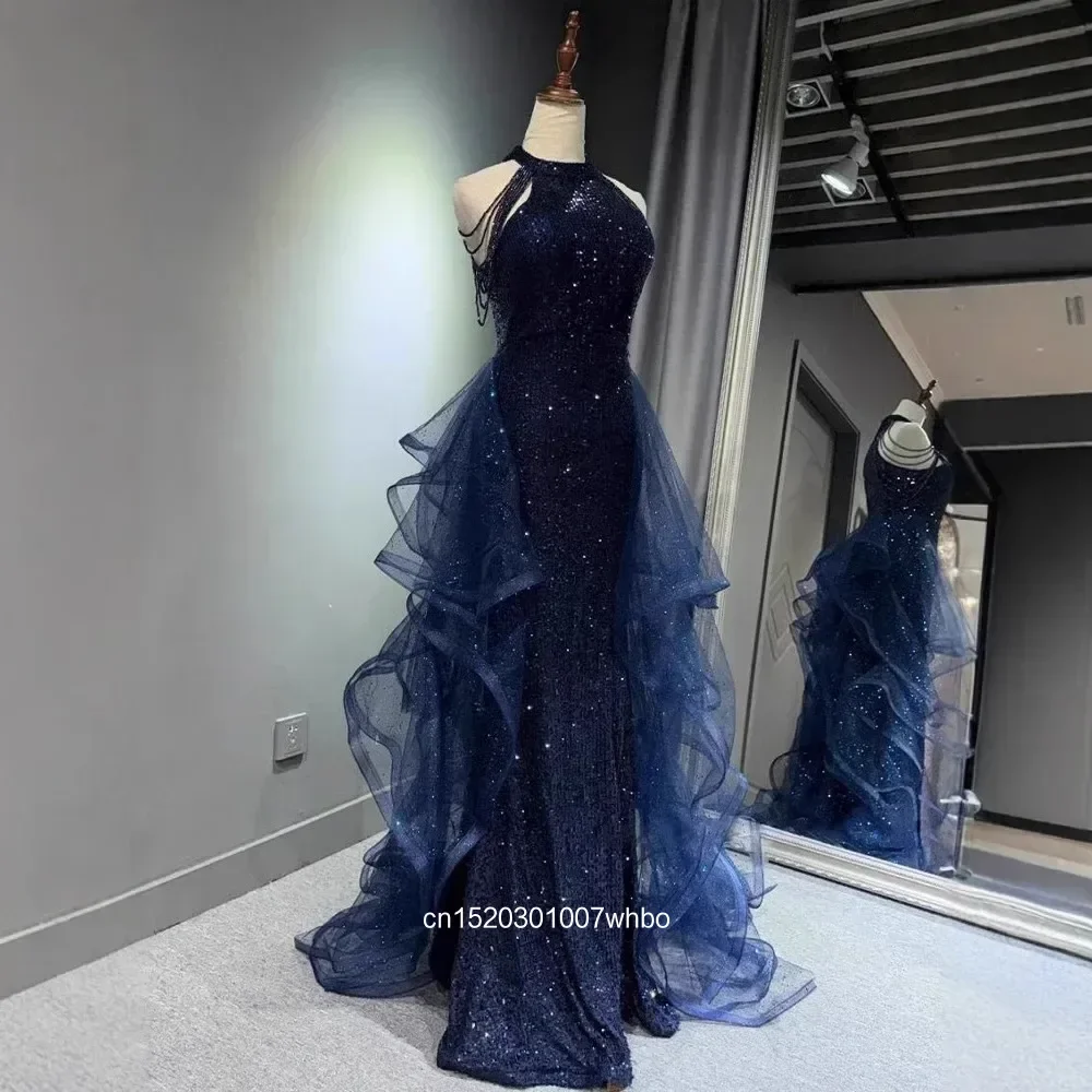 

Elegant Sparking Navy Blue Evening Dresses Halt Beading Party Gown Customized Prom Dress 2026