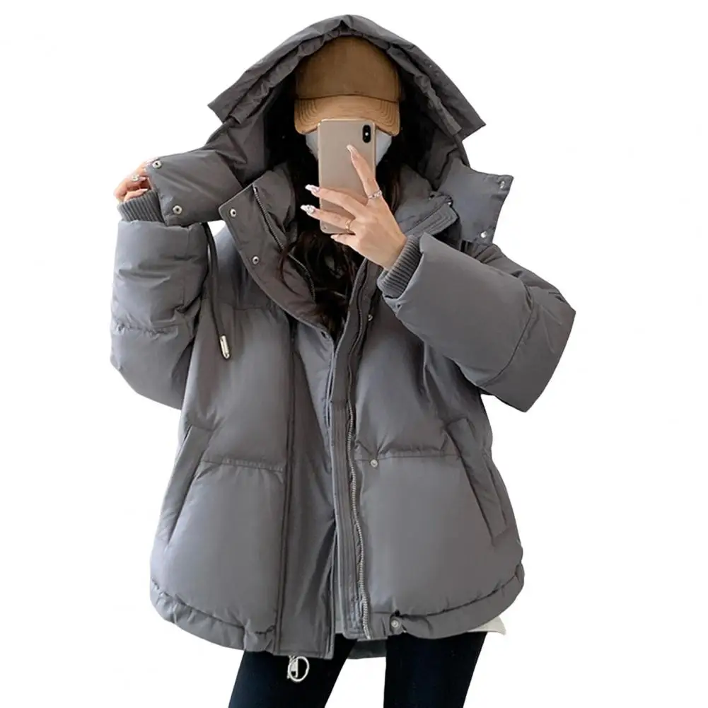 Winter Women Down Coat Thickened Padded Hooded Zipper Closure Pockets Parka Windproof Outwear Cotton Down Jacket