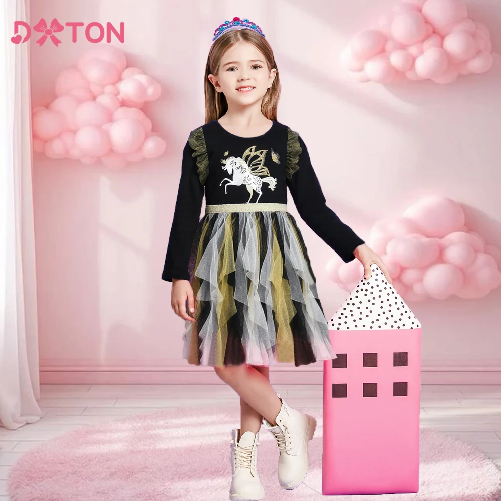 

DXTON Baby Girls Cartoon Unicorn Dress Irregular Black Mesh Princess Dresses Cotton Autumn Children Kids New Year Party Clothes