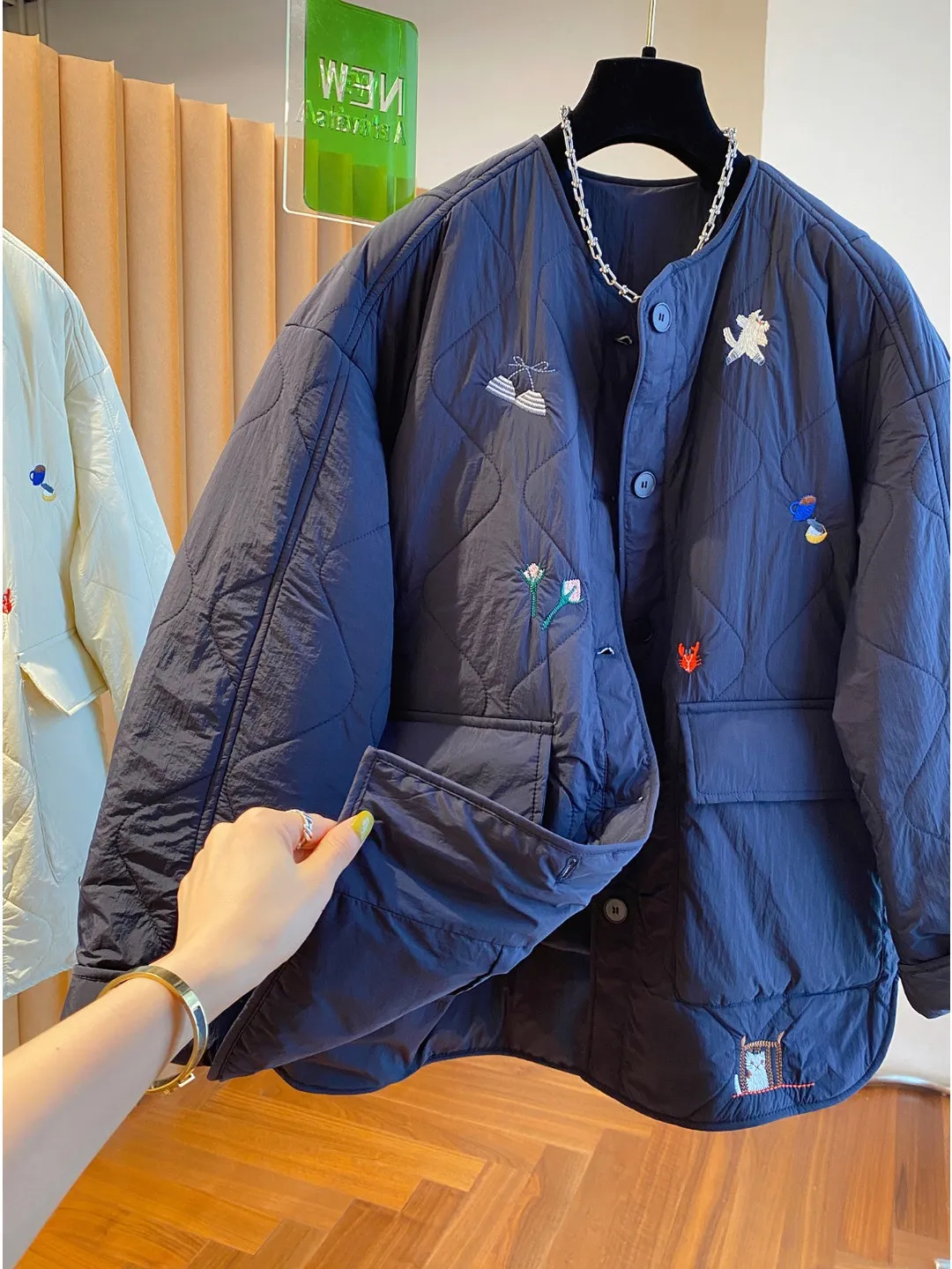 جايت قطني خفيف الوزن مطرز كوري فضفاض مناسب للخريف والشتاء ملابس خارجية أنيقة طويلة Sve مستديرة...