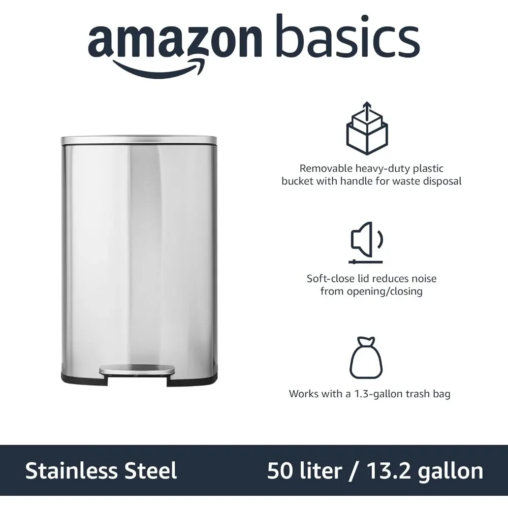 Satin Nickel Finish Wastebasket Brushed Stainless Steel Bin 50 Liter/13.2 Gallon 16.7