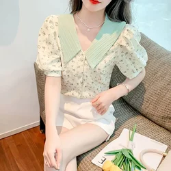 Button Up Cute Clothing Pattern Floral Short Sleeve Women's Shirts and Blouses Kawaii Top for Woman Vintage Elegant Luxury Chic