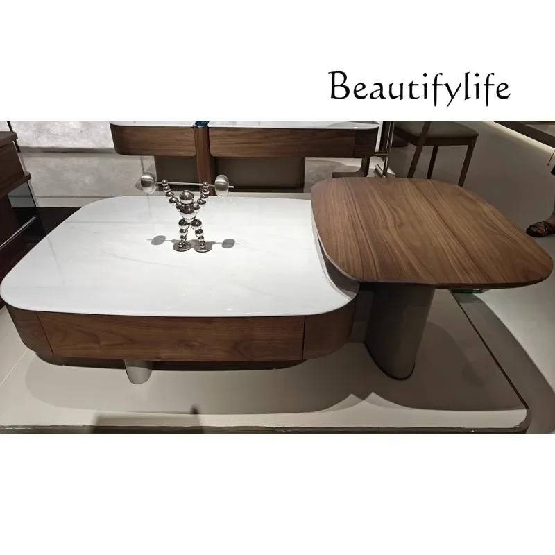 N40 Lifting microcrystalline stone coffee table walnut leather small apartment living room household storage modern simple marbl