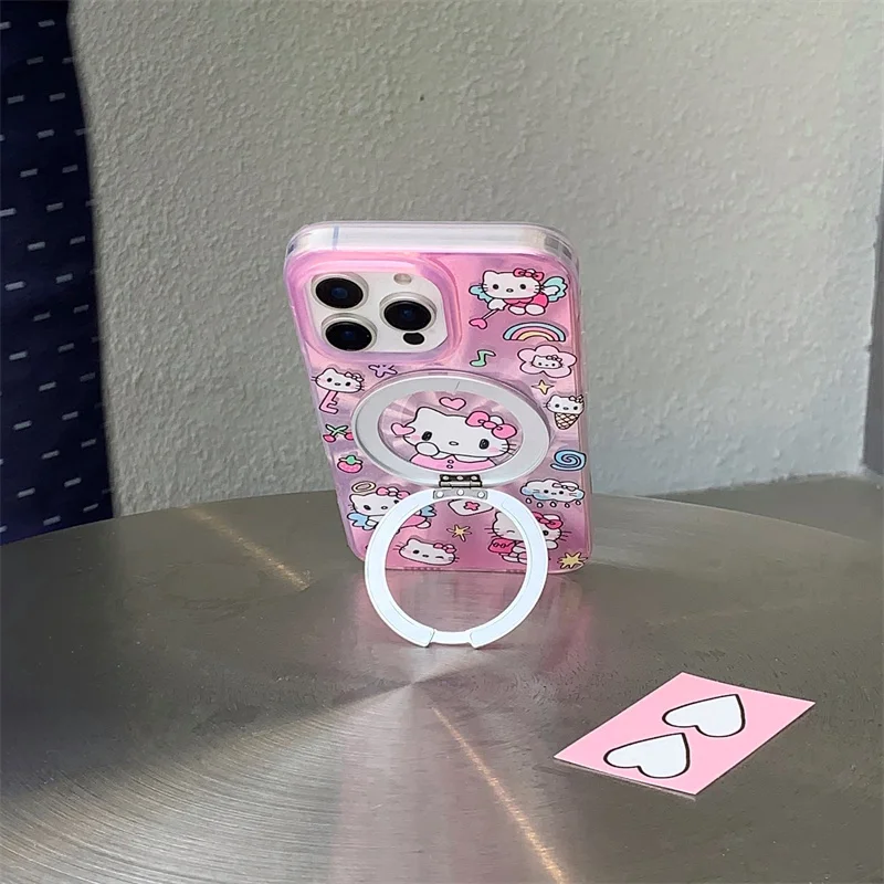 패션 귀여운 만화 헬로키티 마그네틱 폰 케이스 아이폰 16 프로 15 14 프로 맥스 16 프로맥스 링 포함 만화 케이스 15