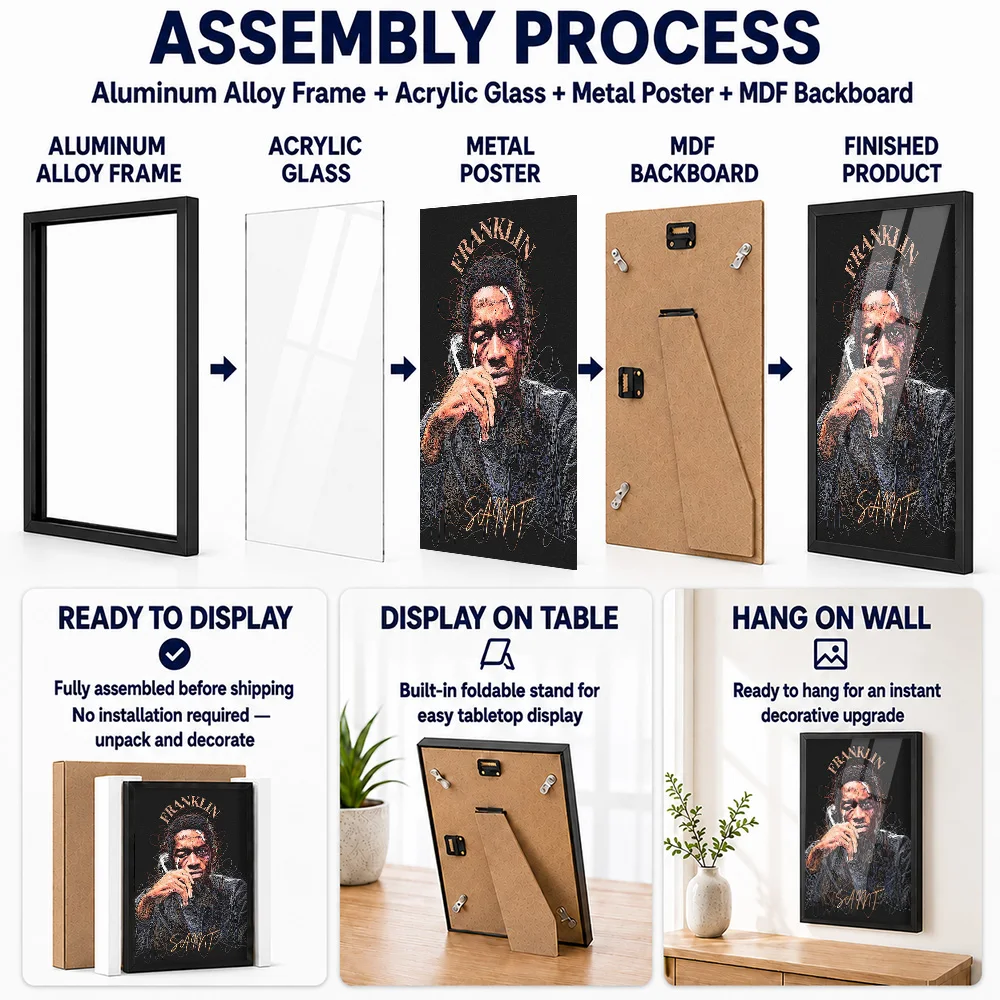 Franklin Saint Scribble Portrait Metal Poster With Aluminum Alloy Frame Personalized Graphic Tribute Wall Art For Living Room